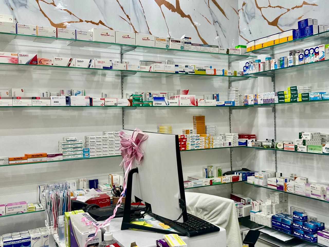 Medicine shelving at Zahrat Al Khair Pharmacy